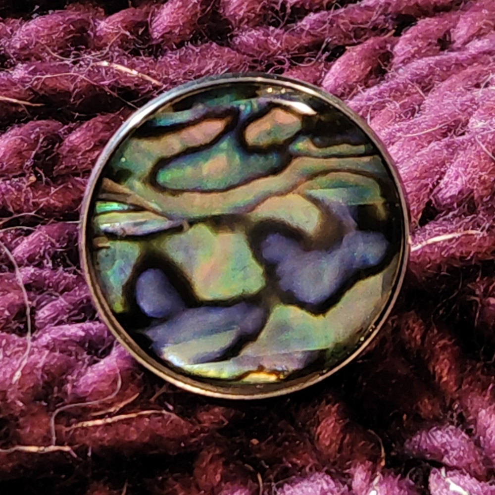S9-Iridescent, Round Abalone Ring/ Beautiful Yellow,  Pink,Blue And Purple Hues~